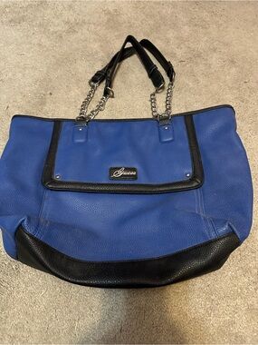 Guess Royal Blue and Black Chain-Detail Tote